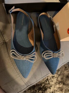 BCBGeneration Denim Pointed Slingback Flats with Crystal Bow Accent